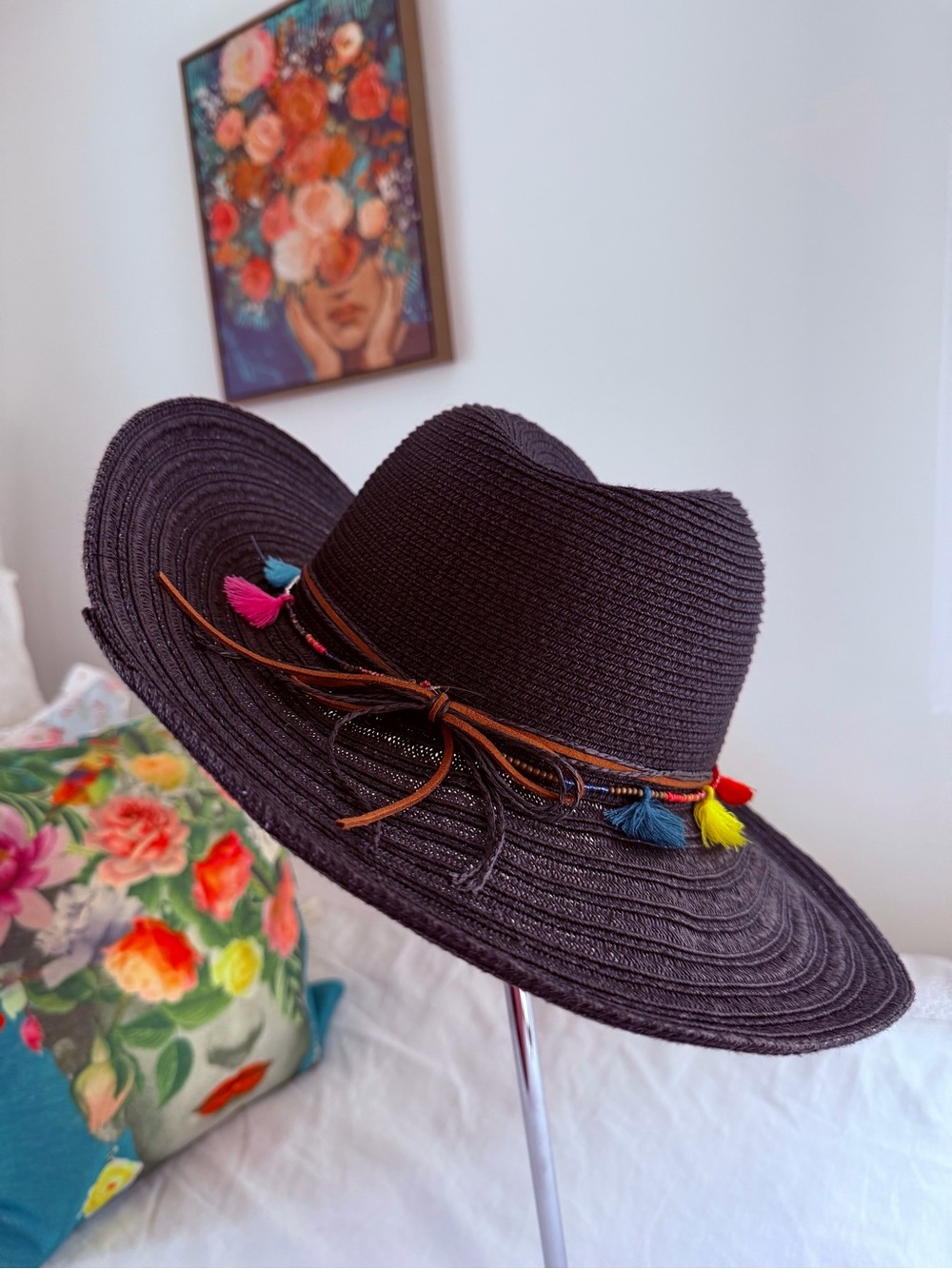 Bebe Vintage- Style Black Straw Sun Hat with Multicolor Tassel Trim